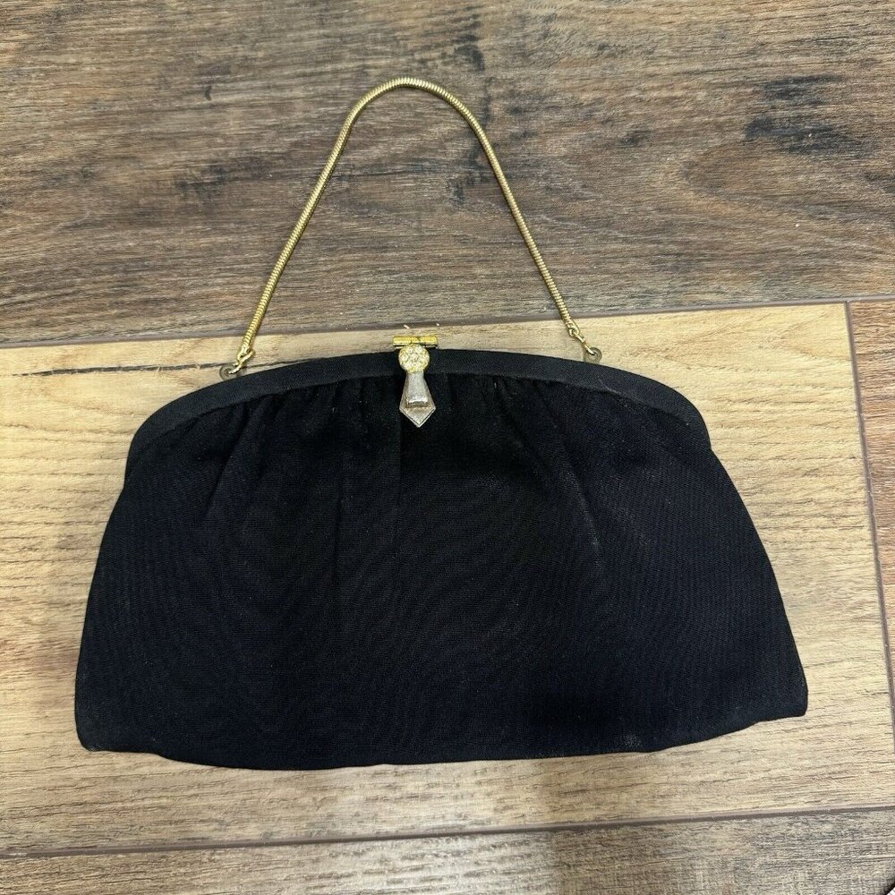 Vintage Black Evening Purse Clutch Gold Chain Clasp Cocktail Bag